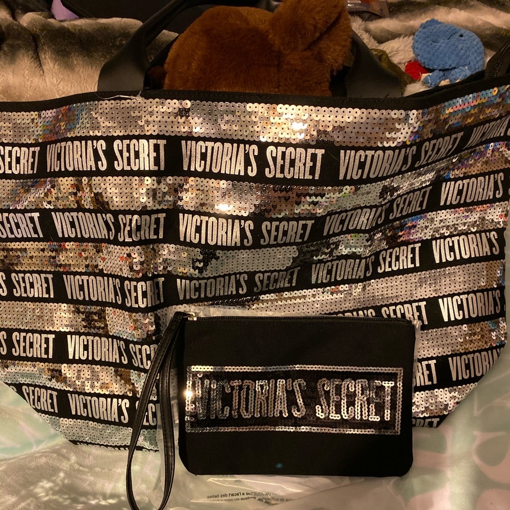 Victoria secret sequin tote bag with cosmetic bag